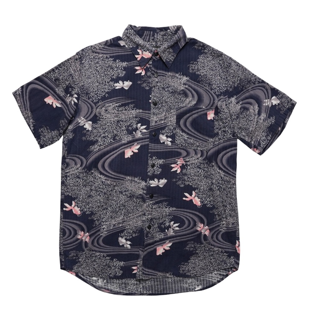 Gilevans Short Sleeve Button Up Mens LL Navy Blue Goldfish Koi Pond Print Cotton